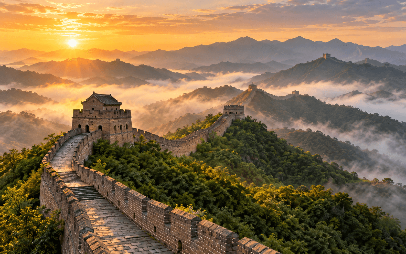 Muralha da China atravessando montanhas ao nascer do sol